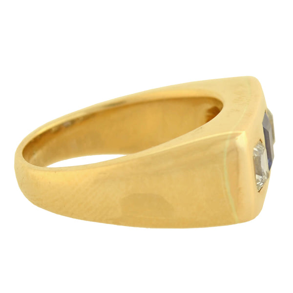 Edwardian 14kt Sapphire + Asscher Cut Diamond 3-Stone Ring