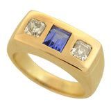 Edwardian 14kt Sapphire + Asscher Cut Diamond 3-Stone Ring