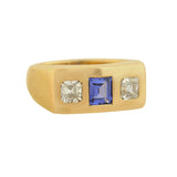 Edwardian 14kt Sapphire + Asscher Cut Diamond 3-Stone Ring