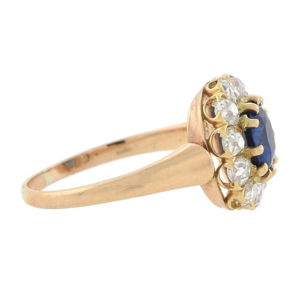 Victorian 18kt No Heat Ceylon Sapphire + Diamond Cluster Ring 1.00ct center