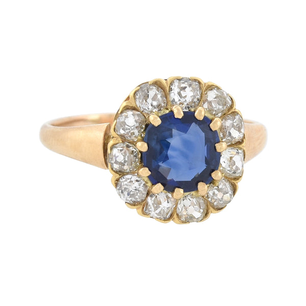 Victorian 18kt No Heat Ceylon Sapphire + Diamond Cluster Ring 1.00ct center
