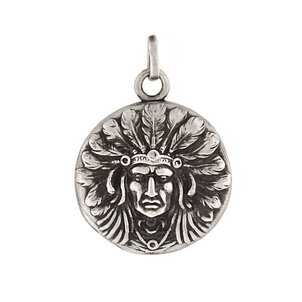 UNGER BROS. Late Victorian Sterling Native American Chief Repousse Locket
