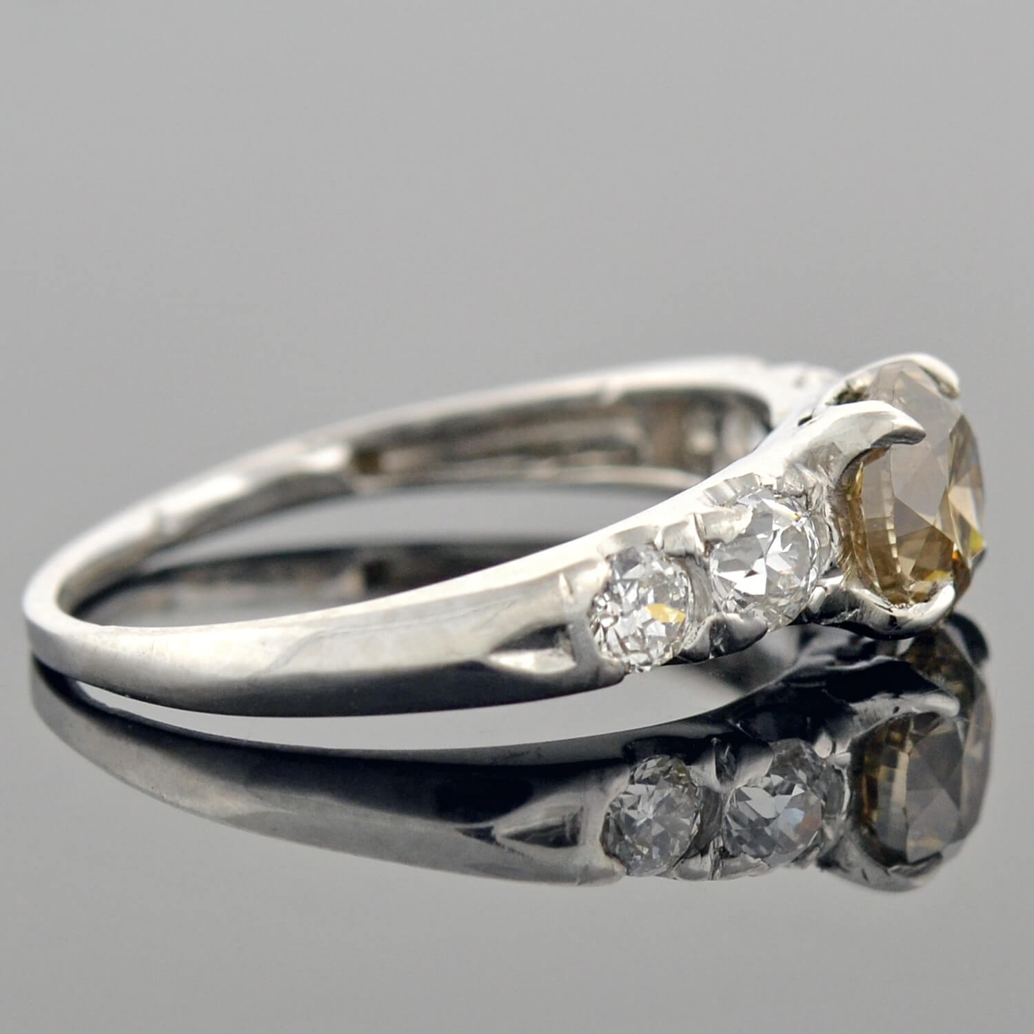 Late Art Deco Platinum Champagne Diamond Engagement Ring 1.09ct center