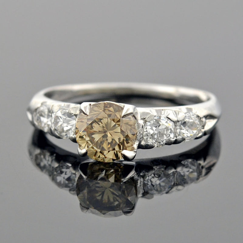 Late Art Deco Platinum Champagne Diamond Engagement Ring 1.09ct center