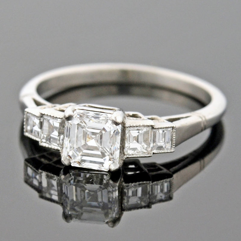 Late Art Deco Platinum Asscher Cut Diamond Engagement Ring 1.03ct