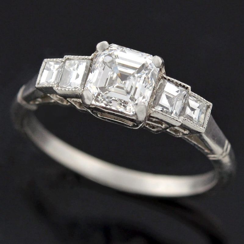 Late Art Deco Platinum Asscher Cut Diamond Engagement Ring 1.03ct
