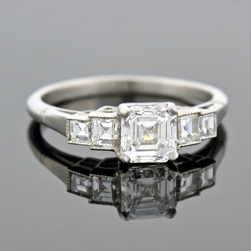 Late Art Deco Platinum Asscher Cut Diamond Engagement Ring 1.03ct