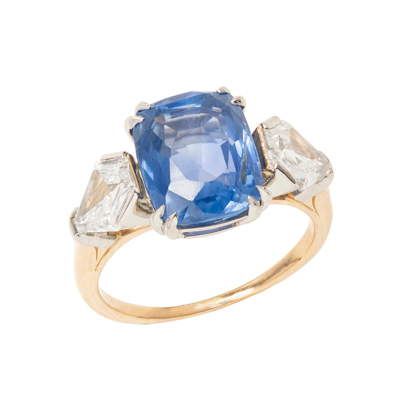 Vintage 18k + Platinum GIA-Certified No Heat Sapphire Diamond Ring 5.68ct center