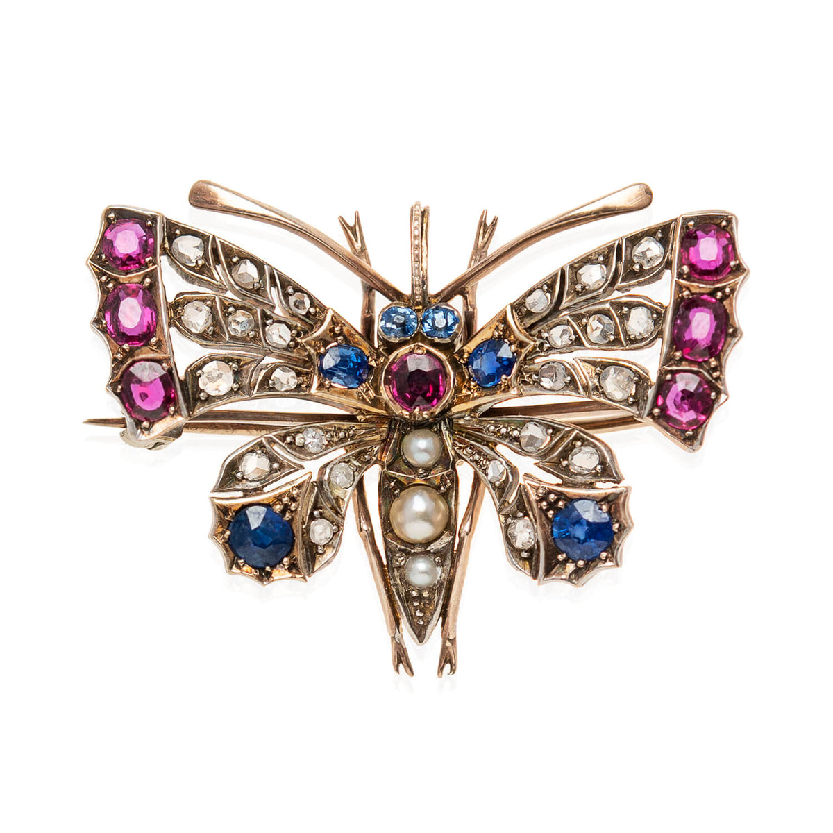 Art Nouveau 14kt/Sterling, Sapphire, Ruby, Diamond + Pearl Butterfly Pin/Pendant
