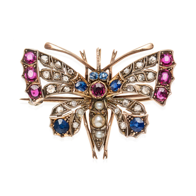 Art Nouveau 14kt/Sterling, Sapphire, Ruby, Diamond + Pearl Butterfly Pin/Pendant