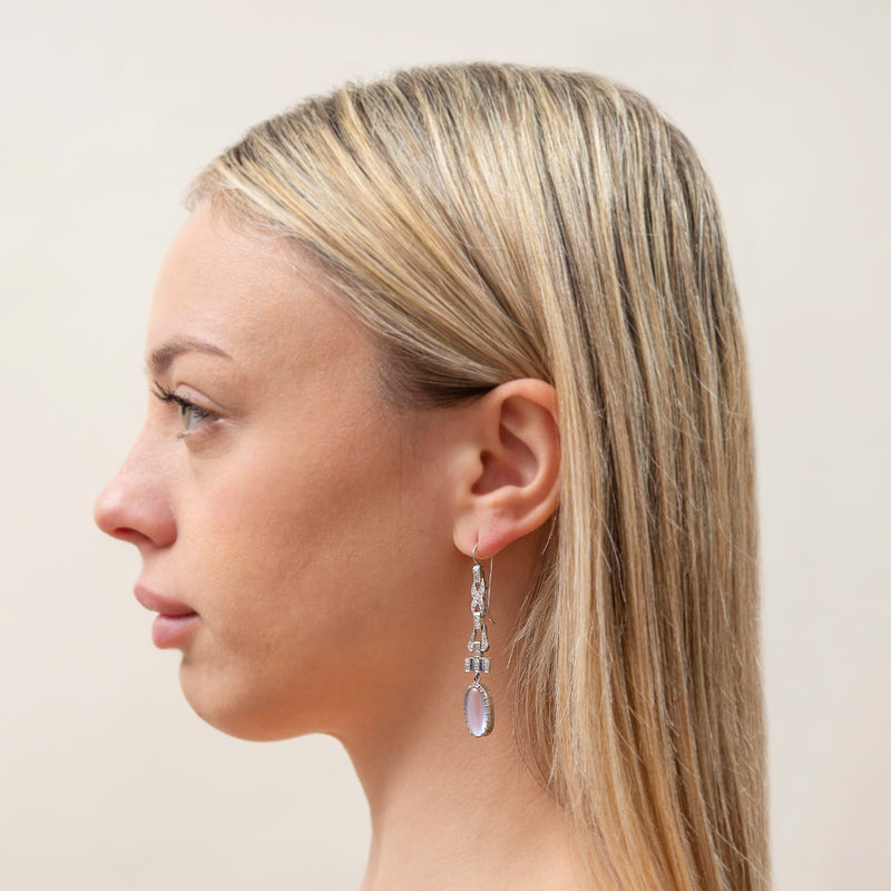 Edwardian Platinum + Sterling, Diamond, Sapphire + Moonstone Earrings