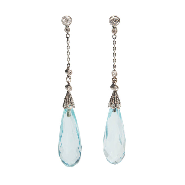 Edwardian Platinum/14kt Aquamarine + Diamond Dangle Earrings