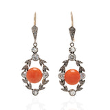 Victorian 14kt/Sterling Natural Coral + Diamond Foliate Dangle Earrings 2.75ctw