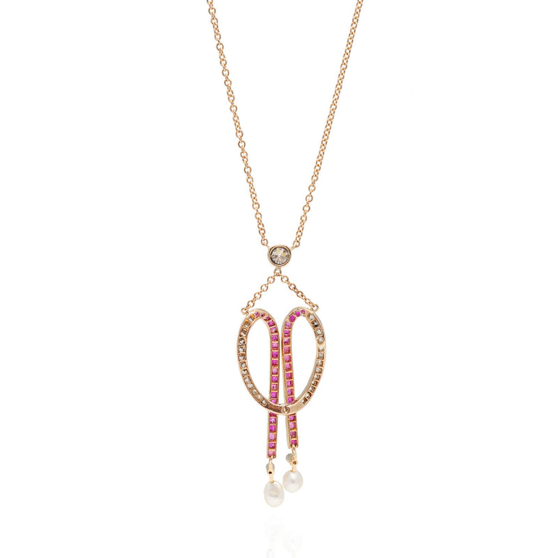 Edwardian 18kt/Platinum Diamond, Calibrated Ruby + Natural Pearl Necklace