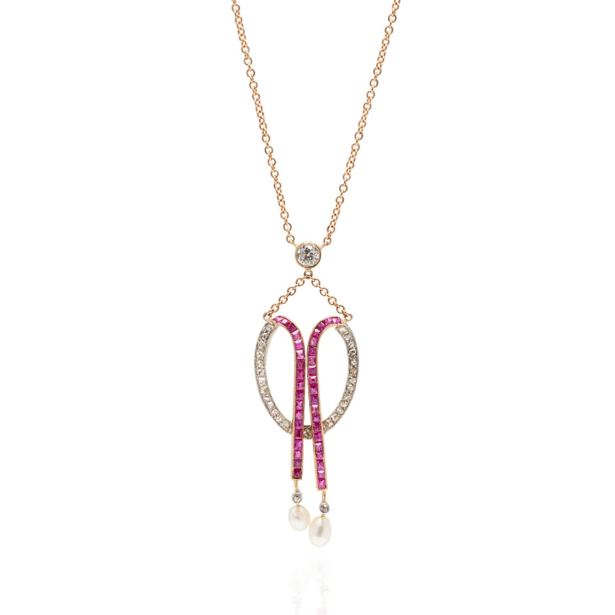 Edwardian 18kt/Platinum Diamond, Calibrated Ruby + Natural Pearl Necklace