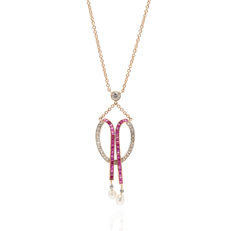 Edwardian 18kt/Platinum Diamond, Calibrated Ruby + Natural Pearl Necklace