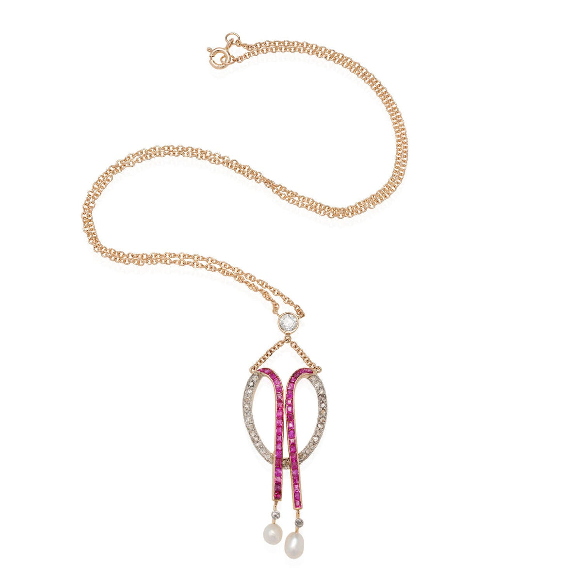 Edwardian 18kt/Platinum Diamond, Calibrated Ruby + Natural Pearl Necklace