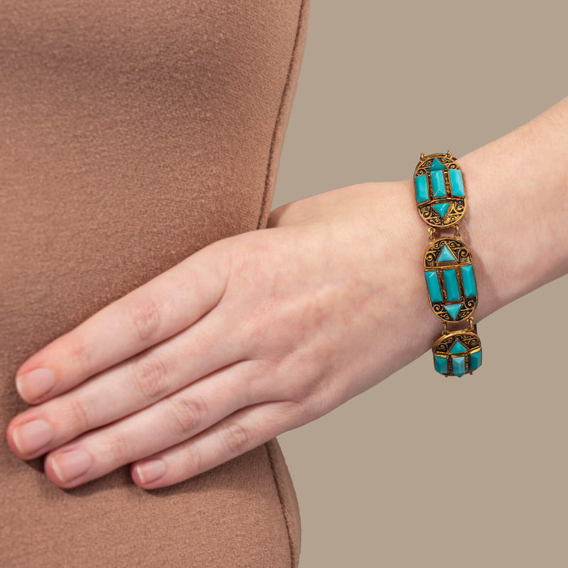 Art Deco Brass + Czech Glass "Turquoise" Bracelet