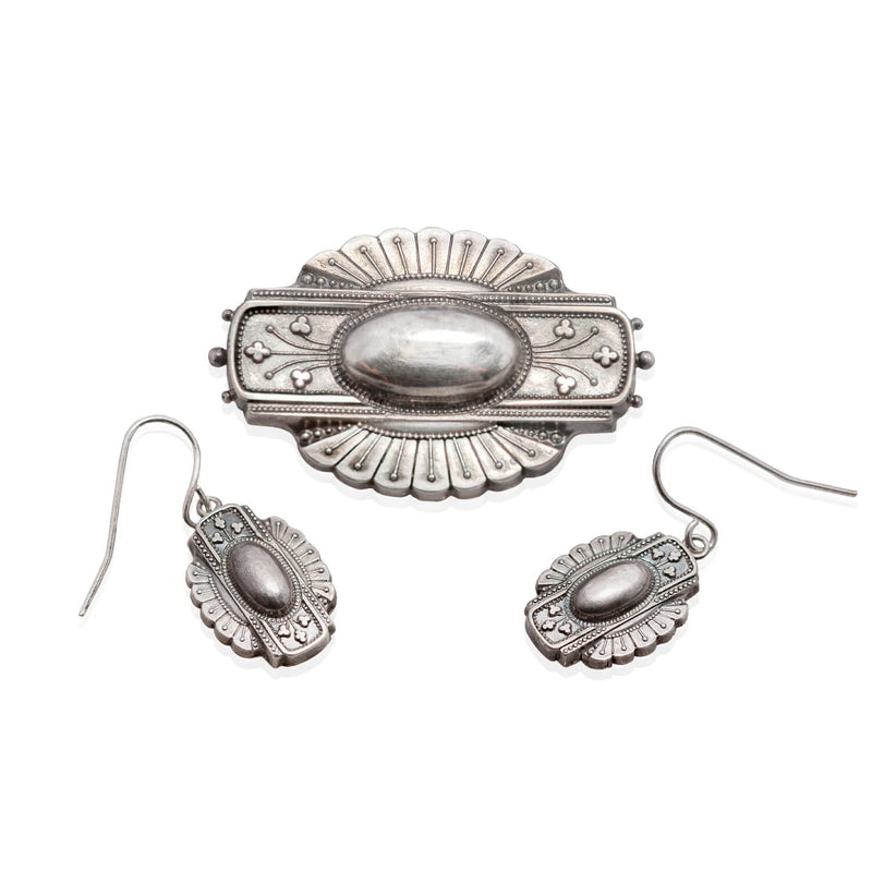 Victorian Sterling Silver Memorial Locket Pin and Earring Set