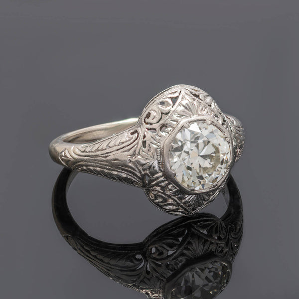 Edwardian 14kt White Gold + Old European Cut Diamond Engagement Ring 1.18ctw