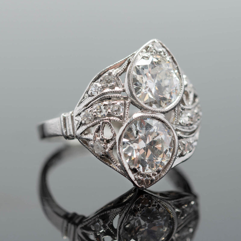 Edwardian Platinum + Diamond Double Old European Cut Diamond Ring