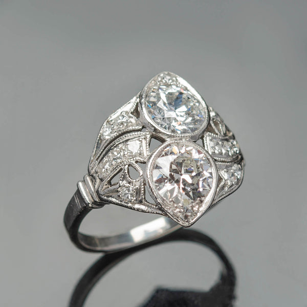 Edwardian Platinum + Diamond Double Old European Cut Diamond Ring