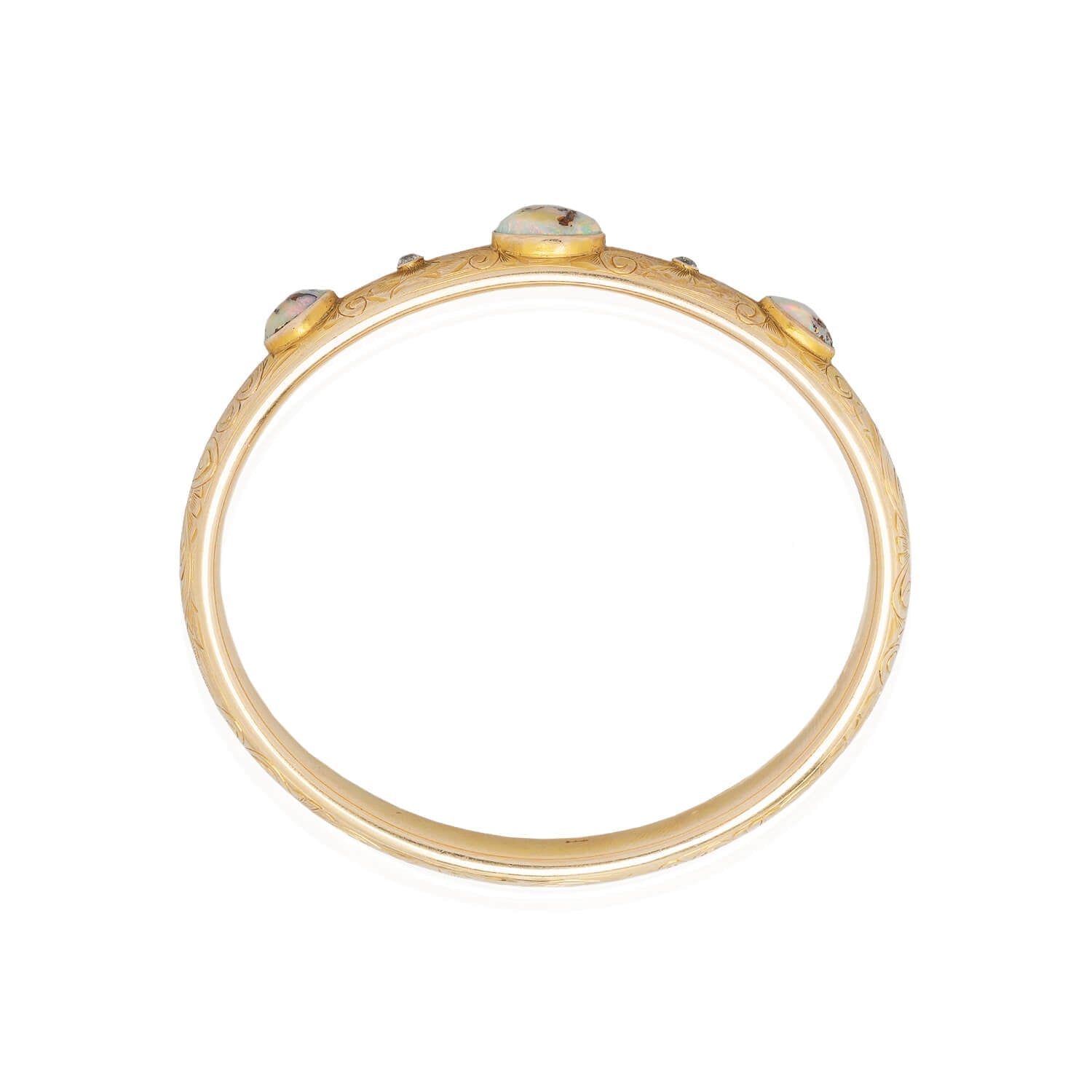 Art Nouveau 14kt Boulder Opal + Diamond Bangle Bracelet