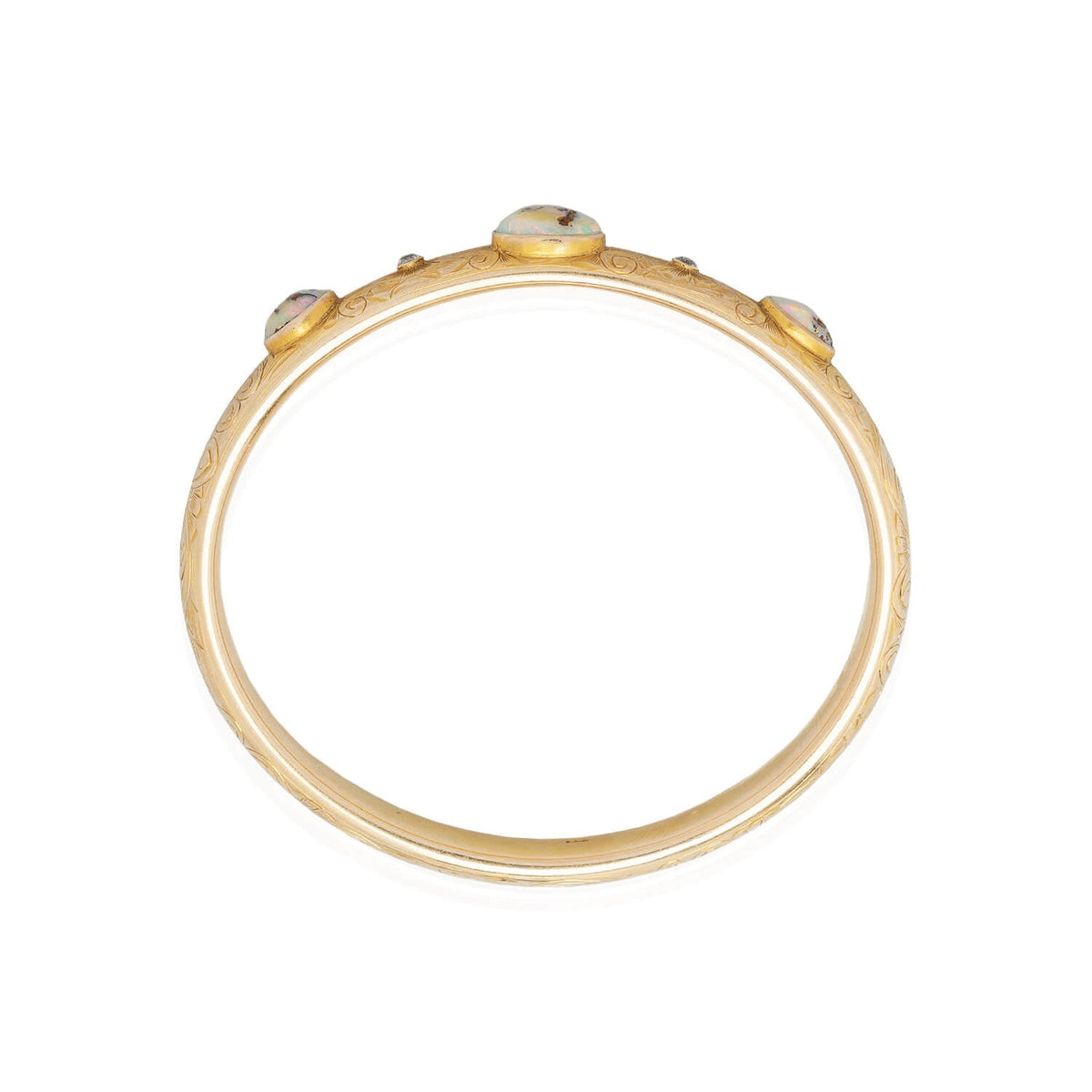 Art Nouveau 14kt Boulder Opal + Diamond Bangle Bracelet