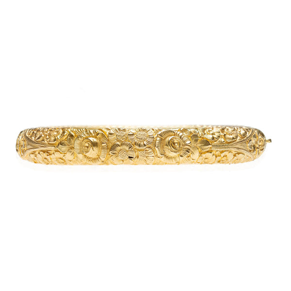 Art Nouveau 18kt Repoussé Floral Bangle Bracelet 30.1g