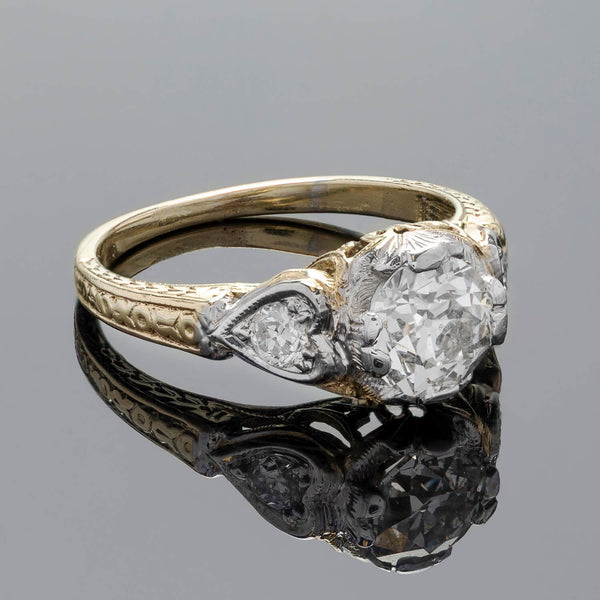 Edwardian 14kt/Platinum Old European Cut Diamond Heart Motif Engagement Ring 0.91ct Center