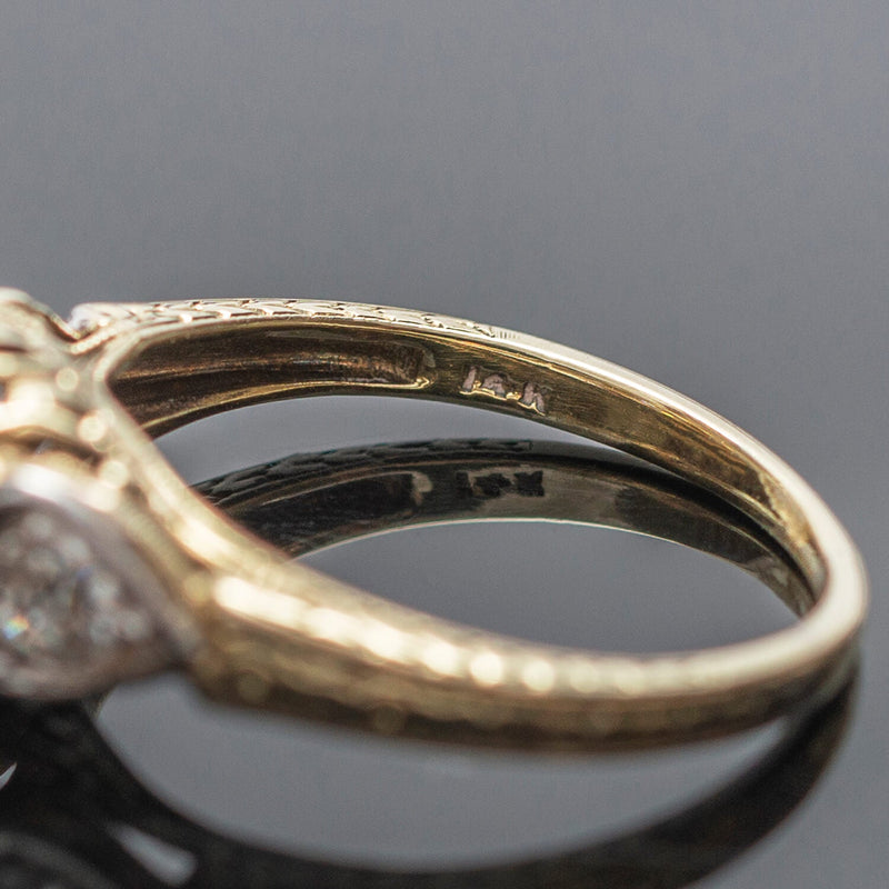 Edwardian 14kt/Platinum Old European Cut Diamond Heart Motif Engagement Ring 0.91ct Center