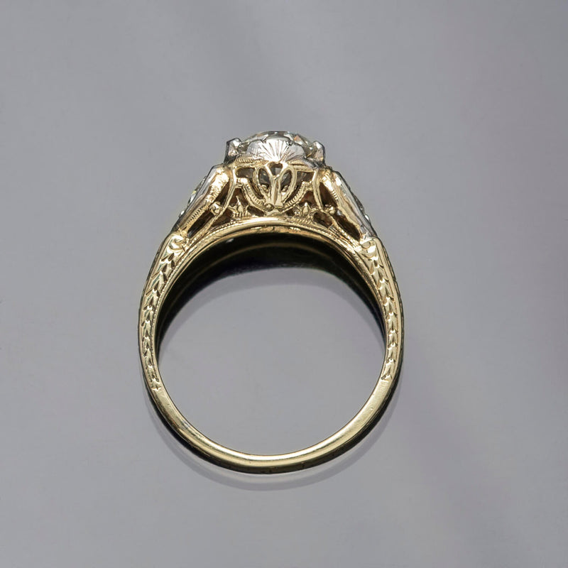 Edwardian 14kt/Platinum Old European Cut Diamond Heart Motif Engagement Ring 0.91ct Center