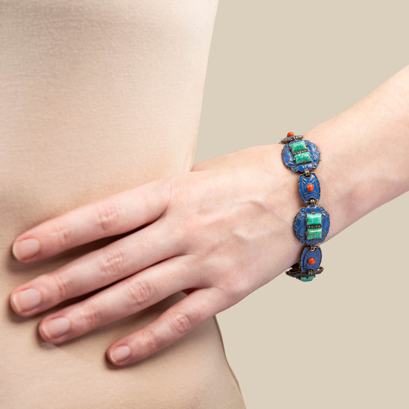 Art Deco Sterling, Enamel, Amazonite + Coral Bracelet