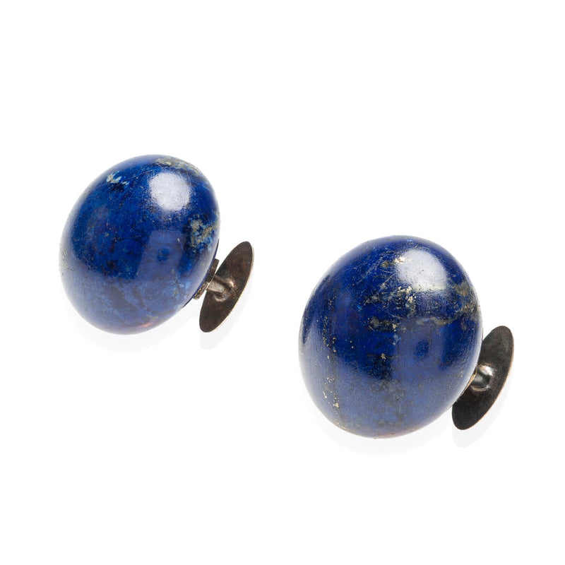 Victorian 18kt, Pearl, Enamel + Carved Lapis Lazuli Earrings, Pendant + Button Set