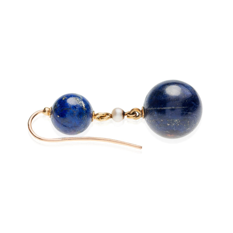 Victorian 18kt, Pearl, Enamel + Carved Lapis Lazuli Earrings, Pendant + Button Set
