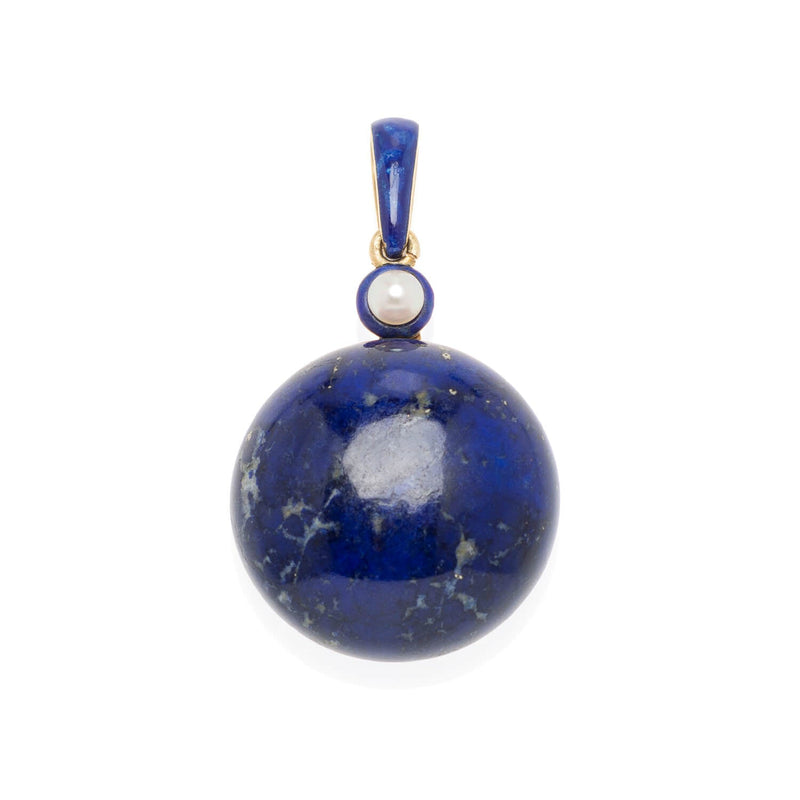 Victorian 18kt, Pearl, Enamel + Carved Lapis Lazuli Earrings, Pendant + Button Set