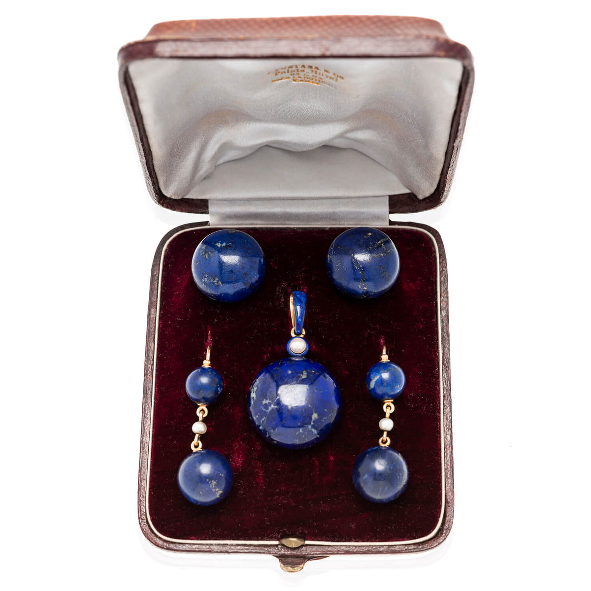 Victorian 18kt, Pearl, Enamel + Carved Lapis Lazuli Earrings, Pendant + Button Set