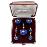 Victorian 18kt, Pearl, Enamel + Carved Lapis Lazuli Earrings, Pendant + Button Set