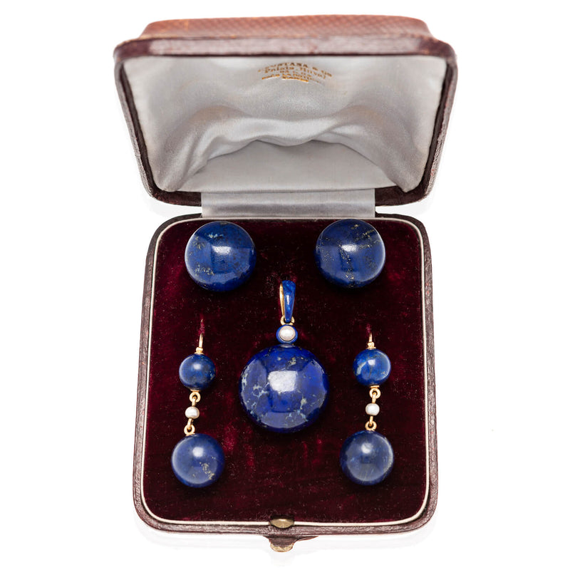 Victorian 18kt, Pearl, Enamel + Carved Lapis Lazuli Earrings, Pendant + Button Set