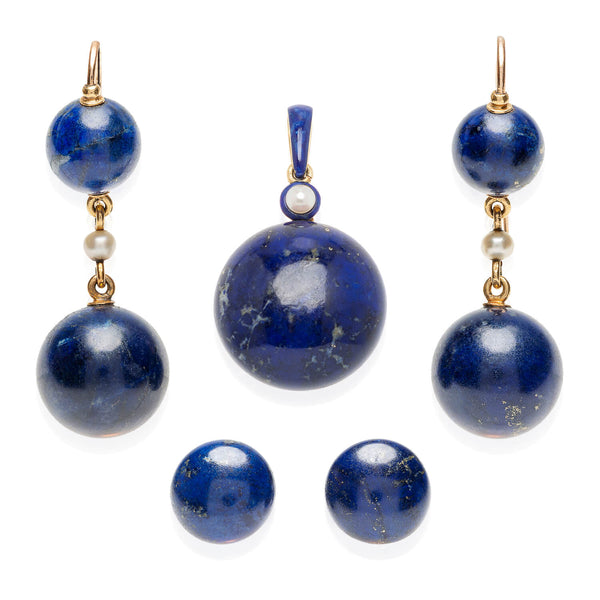 Victorian 18kt, Pearl, Enamel + Carved Lapis Lazuli Earrings, Pendant + Button Set