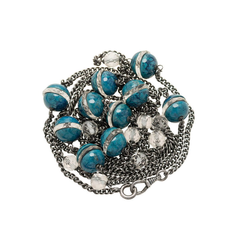 Art Deco Silver, Sodalite + Rock Quartz Crystal Rondel Necklace 60"