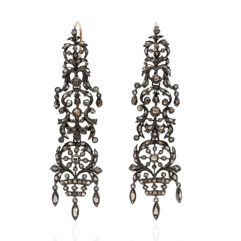 Georgian Sterling/18kt Long Rose Cut Diamond Earrings 2ctw