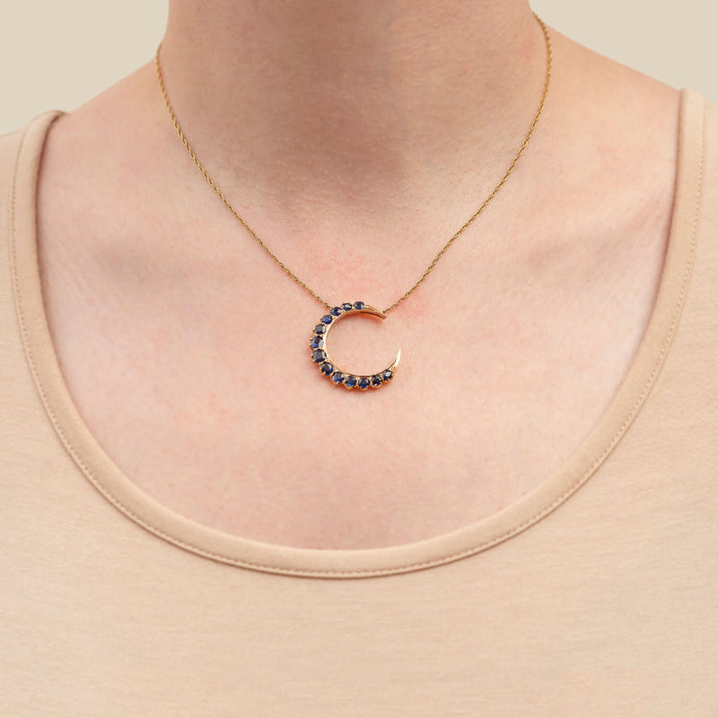 Victorian Style 14kt + Sapphire Crescent Moon Pendant Necklace