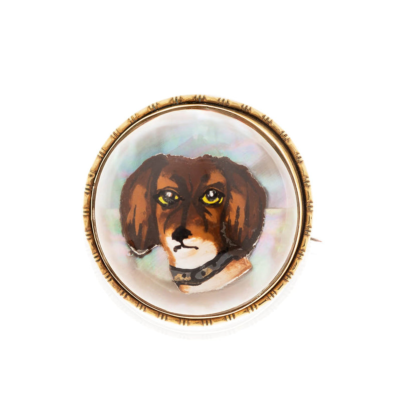 Victorian Gold-Filled + Mother of Pearl King Charles Cavalier Spaniel Essex Crystal Pin