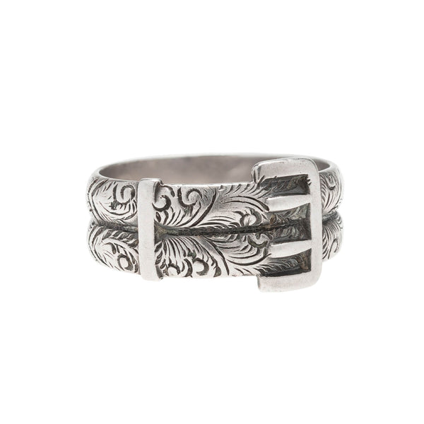 Victorian Sterling Silver Floral Etched Double Buckle Ring