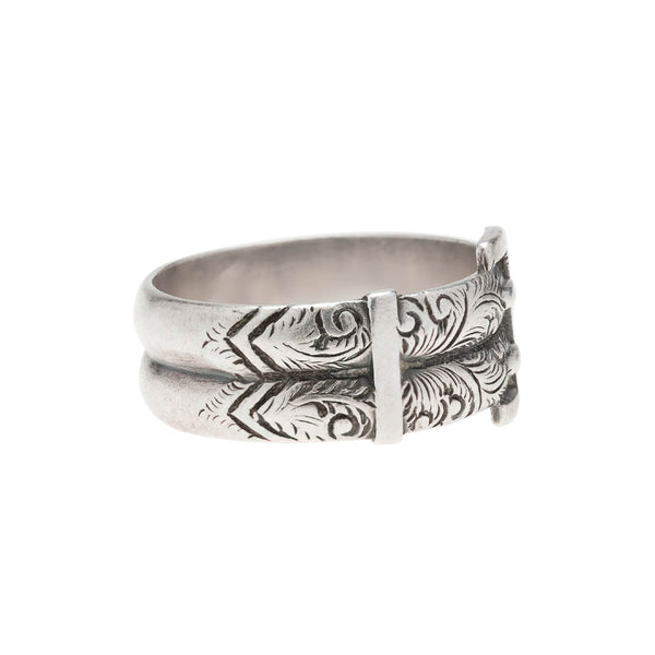 Victorian Sterling Silver Floral Etched Double Buckle Ring