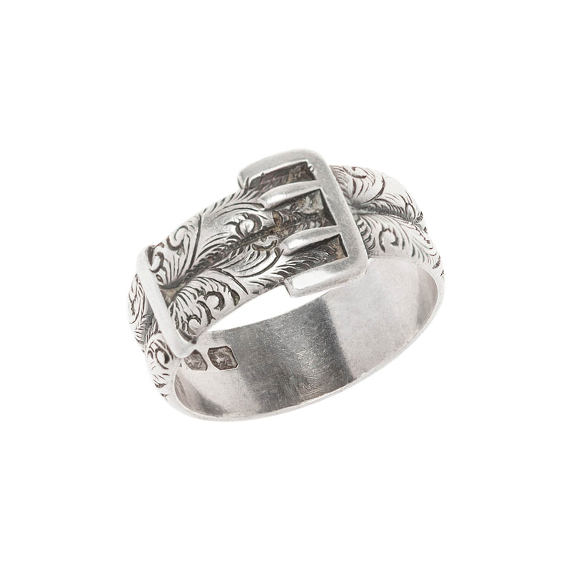 Victorian Sterling Silver Floral Etched Double Buckle Ring