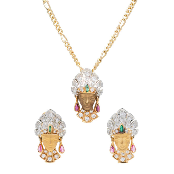 CARRERA Y CARRERA Retro 18kt Mixed Metals, Diamond, Ruby + Emerald Royal Princess Earrings/Pendant Necklace Set