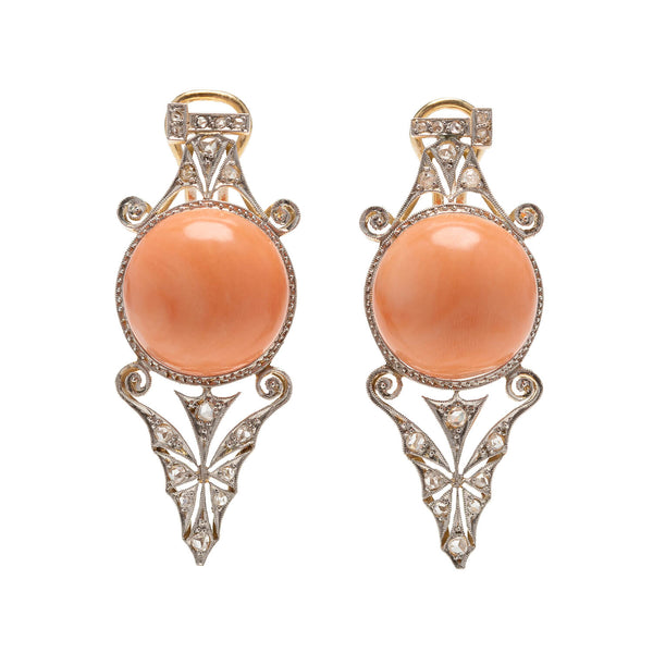 Edwardian Large 18kt/Platinum Coral + Rose Cut Diamond Earrings