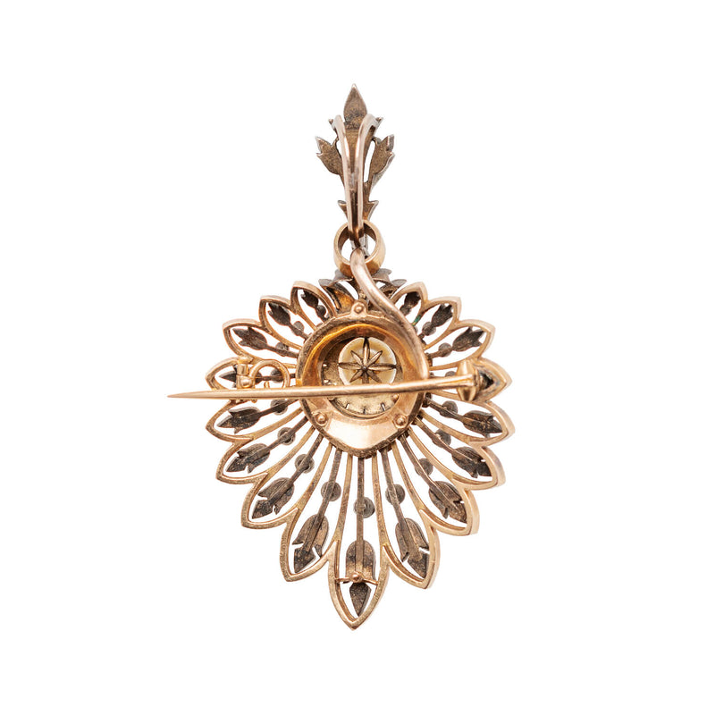 Victorian 18kt Rose Gold/Sterling, Rose Cut Diamond + Pearl Pin/Pendant